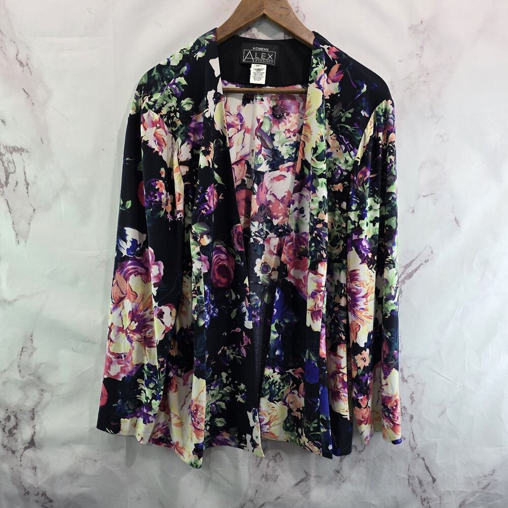 Alex Evenings Cardigan Womens 3X Black Pink Floral Topper Wrap Formal Jacket